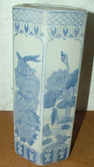 Antique Vintage Chinese Blue And White Ceramic Polygon Vases With Floral Design