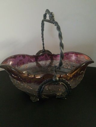 Large Ornate Rogers Quadruple Silver Plate Server W/vintage Purple Glass Bowl