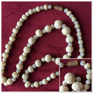 Antique Chinese Export Carved Bovine Bone Bead Necklace.