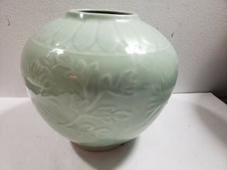 Antique Chinese Celadon 7 1/2 " Raised Decoration Floral Vase