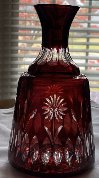 Antique Bohemian Red Cranberry Decanter Cut To Glass Floral Design