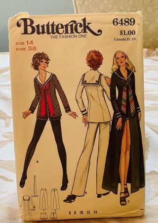 Rare Butterick 6489 Vintage Hot Pants Sailor Suit.  Jacket,  Slacks,  Duster Sz 14