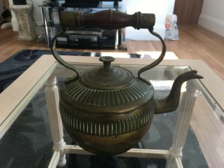 Antique Victorian Ornate Brass Stove Kettle With Wooden Handle