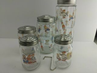 Rare Raggedy Ann And Friends Canister Set Kitchen Glass Jar Tin Lid Doll Theme