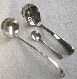 Antique 1920 - 30s 3 X Silver Small Salt,  Ladle & Berry Spoons, .