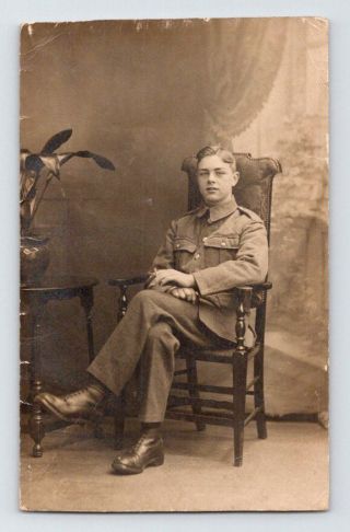 Ww1 Antique British Real Photo Rppc Postcard Handsome Young Soldier In Uniform