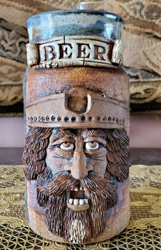 Vintage Rare Stoneware Pottery Clay 3d Face Pirate Tall Mug