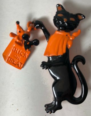 Rare Vintage Ajc Enamel Black Cat Halloween Brooch Trick Or Treat Mice Cute