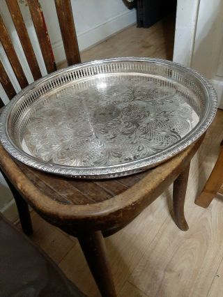 Vintage Large Silver Plated Galleried Round Serving Tray Cocktails Decanters