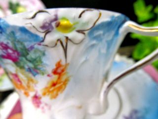 R S Prussia Tea Cup And Saucer Molded Flowers German Teacup Baby Blue