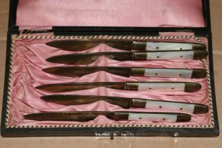 Vintage Set Of 6 Brass And Mother Of Pearl Uchatius Bronce Canape Knives