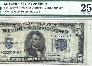 1934d $5 Silver Certificate ( (star))  Rare Wide2 Variety Pmg Very Fine 25