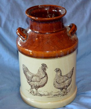 Vintage Stoneware Pottery Milk Can Milk Crock With Chickens Handles