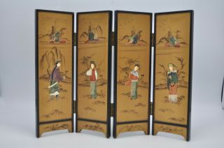 Vtg Antique Japanese Byobu Divider Screen Panel Carved Stone Geisha Wooden Scene