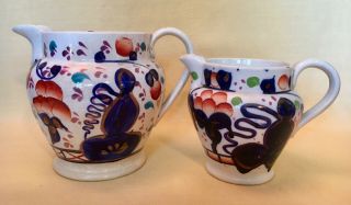 2 Pc.  Antique Gaudy Welsh Staffordshire Imari Jugs Hand - Painted Pitchers
