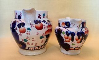 2 Pc.  Antique GAUDY WELSH STAFFORDSHIRE IMARI JUGS Hand - Painted Pitchers 2