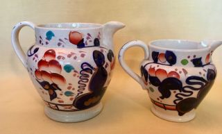 2 Pc.  Antique GAUDY WELSH STAFFORDSHIRE IMARI JUGS Hand - Painted Pitchers 3