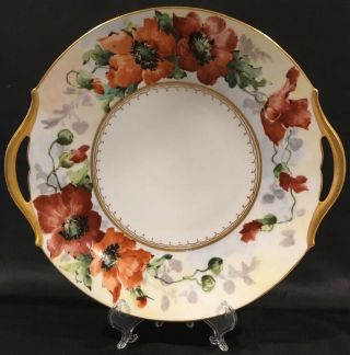 Antique T & V Limoges France Cake Plate Red Poppies Flowers W/gold Accents - 11”