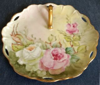 Antique Small Serving Plate With Handle Hand Painted Roses Signed