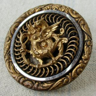 1 1/2 " Antique Stamped And Pierced Brass Dragon Button,  Bbb Page 624,  9
