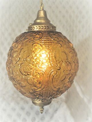Rare Vintage Amber Glass Globe Hanging Chain Swag Lamp Light Floral Design