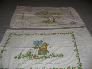 Vintage Holly Hobbie Twin Fitted Bed Sheet & 2 Pillowcases Fabric 1976