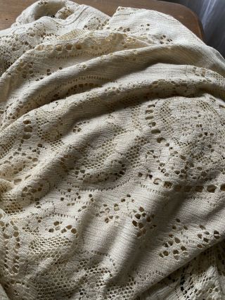 Antique Vintage Handmade Crochet Ecru Tablecloth Coverlet 60” X 90”