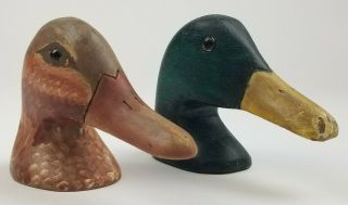 Antique Vintage Wooden Decoy Drake & Hen Carved Mallard Duck Heads Glass Eyes