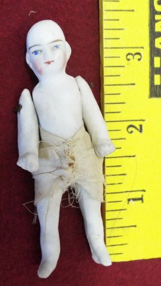 Antique German Small Miniature All - Bisque Doll,  Painted Eyes Jointed Arms & Legs