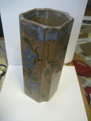 Textured Arts & Crafts - Mission Style Blue Clematis Pottery Vase - Artist Initial