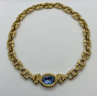 Vintage Ciner Gold Tone Blue Rhinestone Choker Necklace Signed Rare Htf Stunning