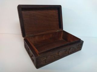 Vintage Hand Carved Wooden Box Hinged Lid Storage Jewelry Decor Keepsake Trinket