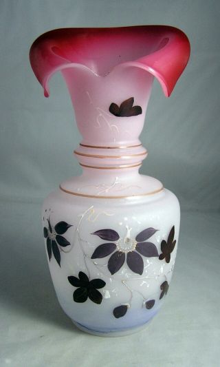 Unusual Shape Victorian Style Hand Painted Bristol Glass Vase Flower Design 9.  5 "