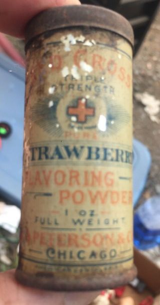 Antique Red Cross Strawberry Powder Tin Litho Can Early Skin Talc Medicine