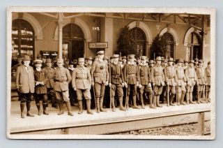Antique Ww1 Real Photo Rppc Postcard British Soldiers At German Train Station