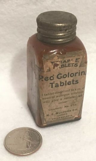 Antique Red Coloring Tablets Apothecary Glass Pharmacy Bottle H.  K.  Mulford & Co