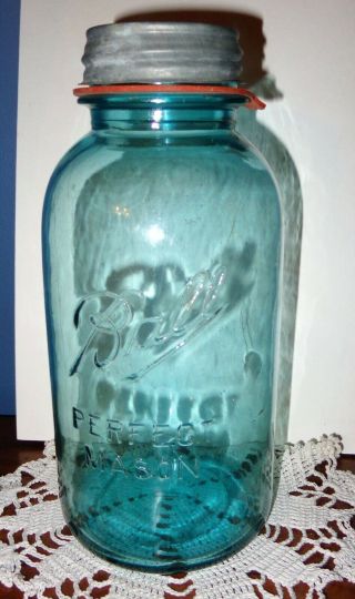 Big Old Antique Blue Glass Ball Mason Half Gallon Canning Fruit Jar Zinc Lid 1