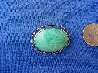 Antique Peking Glass Sterling Silver Pin Brooch Art Deco Design Green