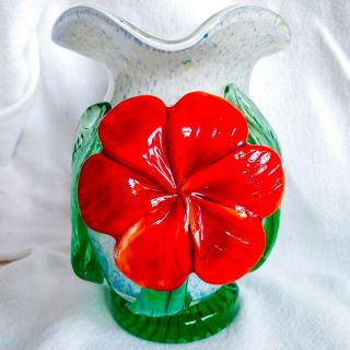Antique Italian Art Glass Vase Blue Speckled Sculpted Red Flower & Green Leaves
