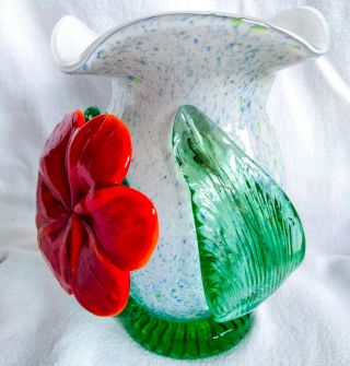 Antique Italian Art Glass Vase Blue Speckled Sculpted Red Flower & Green Leaves 2