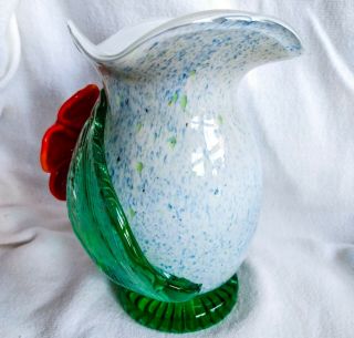 Antique Italian Art Glass Vase Blue Speckled Sculpted Red Flower & Green Leaves 3
