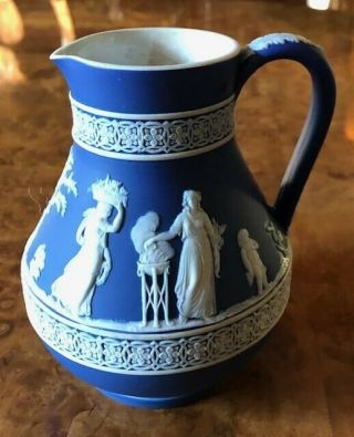 Antique Wedgwood Jasperware Pottery Pitcher 36,  Portland Blue,  White,  England