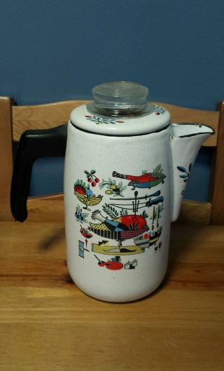 Rare Vintage Porcelain Percolator Coffee Pot With Glass Top And Cubism Design