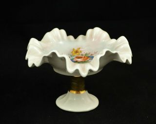 VINTAGE RUFFLED HAND - PAINTED COMPOTE SIGNED 