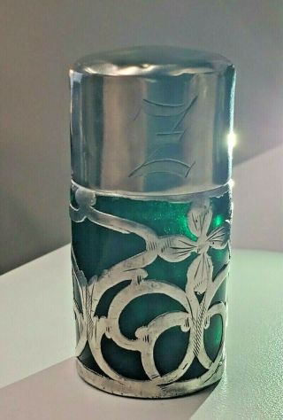 Rare Antique Sterling Silver Overlay Green Glass Perfume Scent Bottle Salts