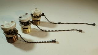 3 Antique Porcelain Pull Chain Socket Interiors Lamp Light Part Paulding " B "