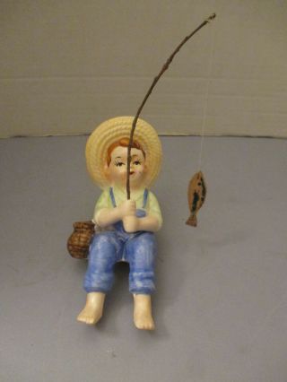 Antique Boy Fishing Bisque Statue,  Sits On Bookshelf Or Ledge