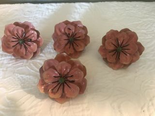 Vintage Set (4) Metal Pink Flower Napkin Rings Kitchen Accent Table Decor Retro