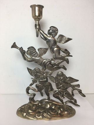 Godinger Silver Plated Cherub Candle Holder Christmas Angels 9.  75” Holiday Decor
