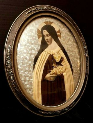 Antique Oval Bubble Glass Saint Theresa Religious Picture Real Cloth Vestments